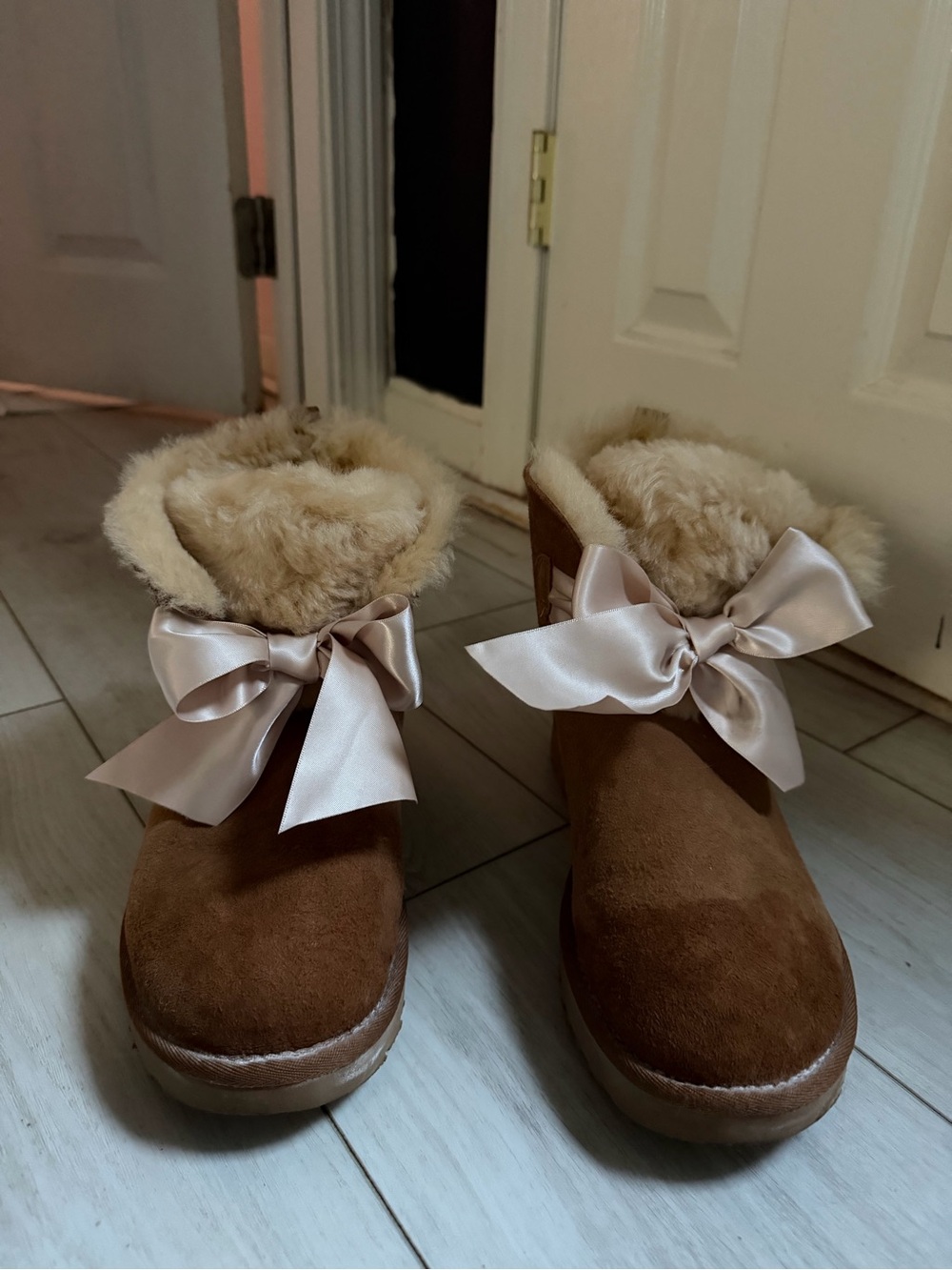 UGG Chestnut Gita Bow Suede Fur-Lined Slipper Boots with Satin Bow